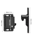 Universal RV Push To Close Cabinet Latches with 5 lb pull force, black ABS material, dimensions shown, side and front view.