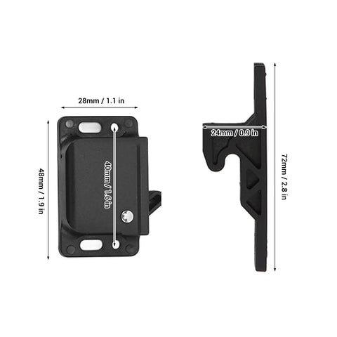 Universal RV Push To Close Cabinet Latches with 5 lb pull force, black ABS material, dimensions shown, side and front view.
