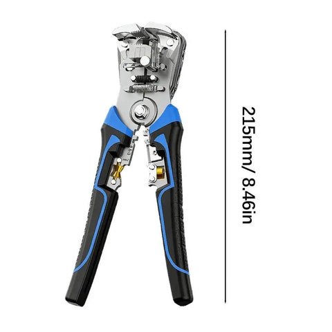 Heavy Duty Automatic Wire Stripper And Crimping Pliers with ergonomic grips, 215mm size, professional steel tool for electricians.