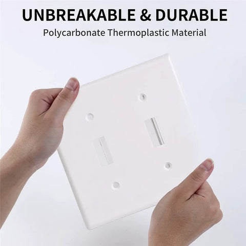 Hands holding 2-Gang Decorator Double Switch Plate Cover White 4-Pack With Screws For Easy Replacement Dual Light Switches Space Saving Wall Faceplate