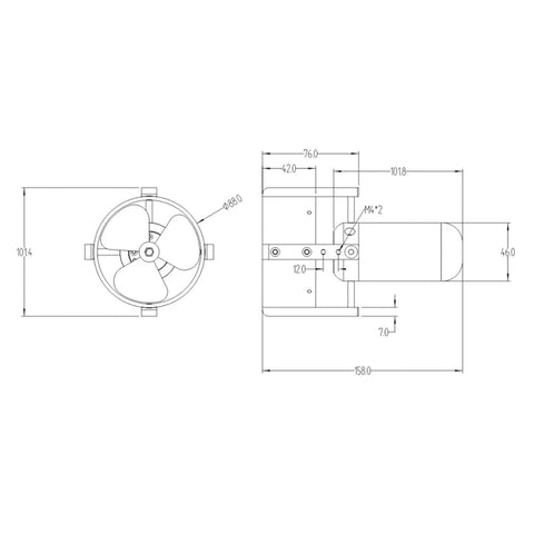 Technical drawing of 5T 3P Fully Sealed Underwater Thruster For RC Boat And ROV with CNC aluminum dimensions.