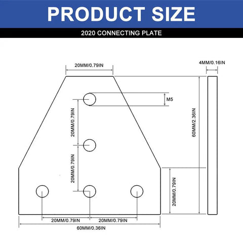 Technical drawing of 10 Pack 2020 T Plate Corner Bracket For 8020 Aluminum Extrusion T Slot Connector With dimensions and specifications