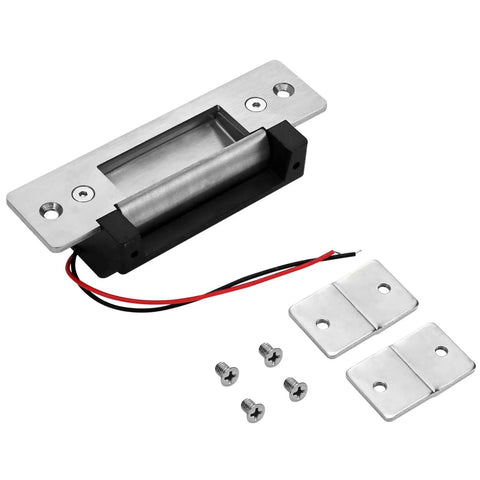 Heavy Duty Electric Door Strike Lock With Adjustable Fail Secure And Fail Safe Modes Showcasing A Slick 12V Hookup And A Badass 2200 Lb Hold For Foolproof Door Security Rigs, showing stainless steel body and wiring.