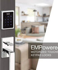 Slick Motorized Touchscreen Keypad Smart Deadbolt August Connected With Wifi Bridge image on a door handle.