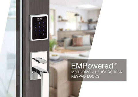 Slick Motorized Touchscreen Keypad Smart Deadbolt August Connected With Wifi Bridge image on a door handle.