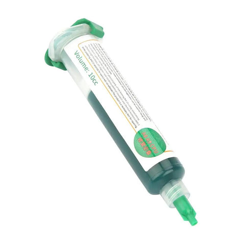 Green Light-Curing Solder Mask Ink For PCB Repairs With Light Exposure in 10cc syringe, DIY friendly for mobile phone PCBs.