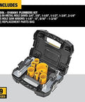 DEWALT D180001 bi-metal hole saw kit in open black carrying case with yellow hole saws and arbors (9 pieces)