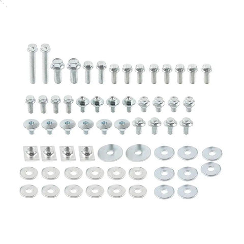62 Pcs Carbon Steel Fasteners Bolts Washers And Nuts Kit For CR250R 1988 1996 Dirt Bike Replacement Hardware BK5075 Zinc Plated For Durability Wear Resistance And Easy Install, assorted bolts washers and nuts laid out