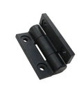 Black flat open torque hinge with mounting plates and screw holes, 1 pc