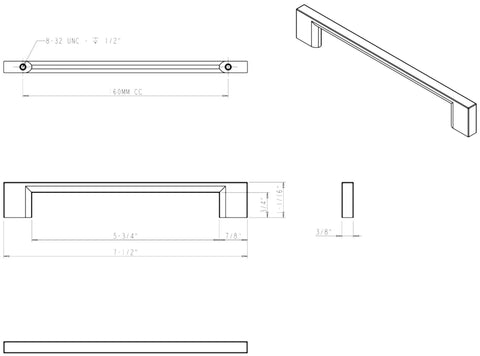 Technical drawing of Sutton Satin Bronze Cabinet Pull 160 Millimeter Center To Center Soft Contoured Square Bar Handle dimensions