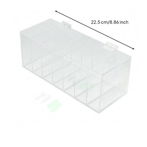 Slick Acrylic Label Organizer With Split Dividers, clear hinged dispenser box 22.5 cm for packing stations and clean desks.