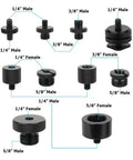 Game Changer 19 Piece Camera Screw Mount Kit Featuring Smooth 1 4 3 8 And 5 8 Thread Converters Plus Cold Shoe Adapter detailed layout of thread converters.