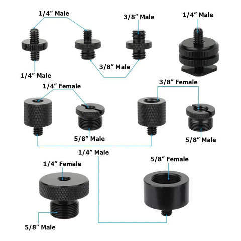 Game Changer 19 Piece Camera Screw Mount Kit Featuring Smooth 1 4 3 8 And 5 8 Thread Converters Plus Cold Shoe Adapter detailed layout of thread converters.