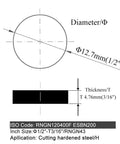 Round solid CBN insert, front view diagram, 1/2 in dia, 3/16 in thick, RNGN120400F ESBN200