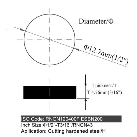 Round solid CBN insert, front view diagram, 1/2 in dia, 3/16 in thick, RNGN120400F ESBN200