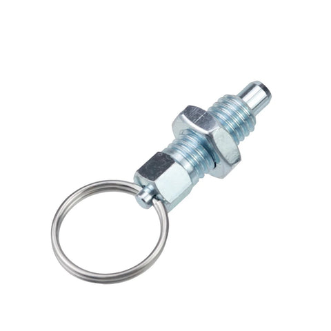 Close-up of Beefy Heavy-Duty Stainless Steel Spring Plunger Pins 4-Piece Set M10-1.5-6 with pull ring, locking index for machinery.