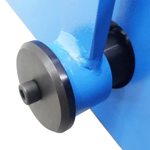 Close-up view of WYDDDARY Manual Pipe Bender Machine with round die, featuring a blue finish for DIY metalwork.