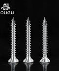 Top Shelf Carbon Steel Wood Screws Number Six By One Inch Flat Countersunk Heads With T10 Torx Star Drive Self Tapping Galvanized Deck Fasteners 200 Pack shown in three views.