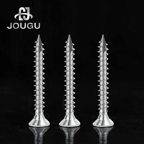 Top Shelf Carbon Steel Wood Screws Number Six By One Inch Flat Countersunk Heads With T10 Torx Star Drive Self Tapping Galvanized Deck Fasteners 200 Pack shown in three views.