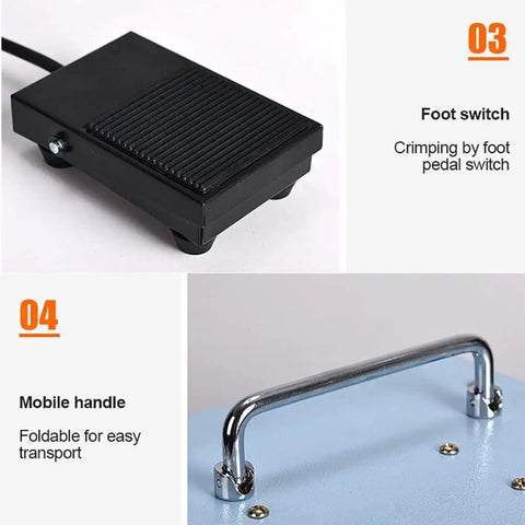 Foot switch for Heavy Duty Electric Terminal Crimping Machine With Pedal And Led Light 60W Cold Press Plier for easy control.