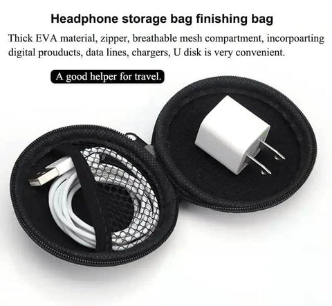 Portable Round Zippered Tech Case For Earphones USB Cables And Hard Drive Hella Durable Eva Shell With Smooth Glide Zipper Keeps Everything Tangle Free So You Can Pack Light And Cruise All Day Long, featuring a USB cable and charger inside.