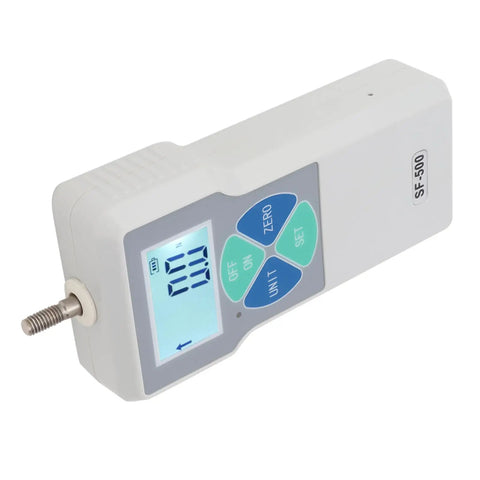 Portable Digital Force Gauge SF-500 Push Pull Tester Meter For Tension And Compression Testing, angled view with threaded probe
