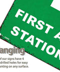 Close-up of 12 By 8 Inch Aluminum First Aid Station Sign Durable Rust Resistant Metal With High Contrast Readable Lettering