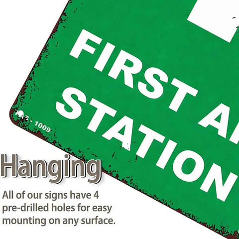 Close-up of 12 By 8 Inch Aluminum First Aid Station Sign Durable Rust Resistant Metal With High Contrast Readable Lettering