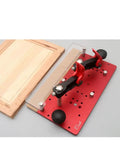 Heavy Duty Router Table Rail Coping Sled For Cabinet Doors And Drawer Fronts Precision Alignment Tool With Four Adjustable Screws Ergonomic Woodworking Jig For Safe Accurate Coping And Jointing On Table Saws, featuring a red metal base and black handles.
