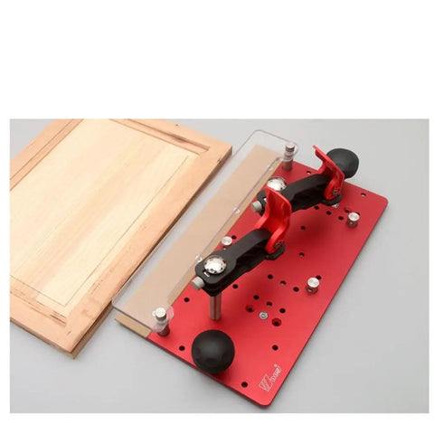 Heavy Duty Router Table Rail Coping Sled For Cabinet Doors And Drawer Fronts Precision Alignment Tool With Four Adjustable Screws Ergonomic Woodworking Jig For Safe Accurate Coping And Jointing On Table Saws, featuring a red metal base and black handles.