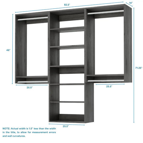 Sleek Modular Closet Organizer Wall Mounted Kit With Heavy Duty Hanging Rods Adjustable Shelves Smooth Glide Rails Grey Finish No Sweat Installation Organization System dimensions and design.