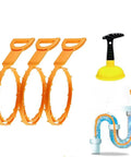 Real Heavy Duty Sink Plunger Paired With Three Flexible Drain Snakes To Knock Out Stubborn Clogs Fast Without Any Drama For Smooth Flow In Bathrooms Kitchens And Showers Solid Gear, showing plunger and drain snakes.