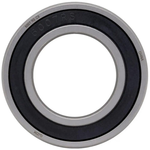 Close-up of a single 10 Pack Deep Groove Radial Ball Bearings 6007-2RS with double rubber seals, showing C3 clearance, perfect for DIY projects.