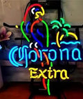 Colorful parrot glass tube neon sign for bar or living room with palm tree and waves, lights up in Live Nudes color