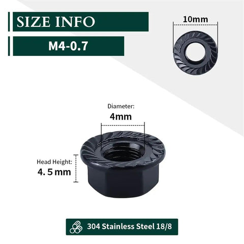 100-Piece Set of M4 0.7 Hex Head Serrated Flange Nuts Forged From 304 Stainless Steel With Durable Black Oxide Finish showing size info.