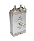 Front view of Pangocho CRQ2BS compact rotary pneumatic cylinder with shaft; silver aluminum body and top port fittings