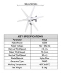 800W Horizontal Wind Turbine Generator With 12V 24V Output, 6 Nylon Blades, Built In Controller, Off Grid Home Yard Farm RV Power, Low 1 Mps Start Wind Speed, White, showing specifications panel.