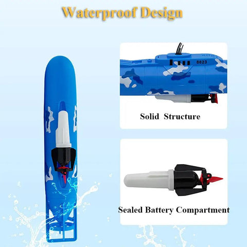 Electric Submarine Bath Toy For Kids showing waterproof design, solid structure, and sealed battery compartment.