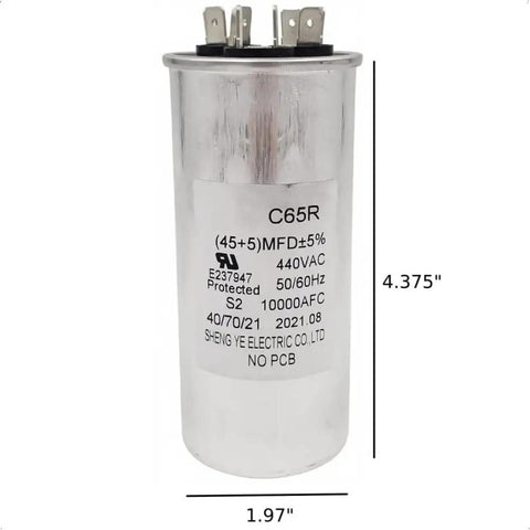 Dual Run Capacitor 45 Plus 5uF 440VAC 50/60 Hz C65R For Air Conditioners, Dehumidifiers, Washers, Dishwashers, Pool Pumps 3 Terminal 1.97 Inch Dia 4.375 Inch H Heavy Duty Motor Run Capacitor