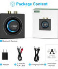 Bluetooth 5.3 Receiver And RCA Audio Adapter For Old School Stereo Stream HiFi Music From Phone Tablet Or Laptop 100 Foot Range 3.5mm AUX Input Dual Link For Two Speakers SBC AAC Compatible package contents with receiver, cables, adapter, and manual