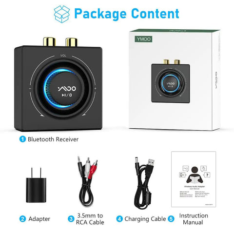 Bluetooth 5.3 Receiver And RCA Audio Adapter For Old School Stereo Stream HiFi Music From Phone Tablet Or Laptop 100 Foot Range 3.5mm AUX Input Dual Link For Two Speakers SBC AAC Compatible package contents with receiver, cables, adapter, and manual
