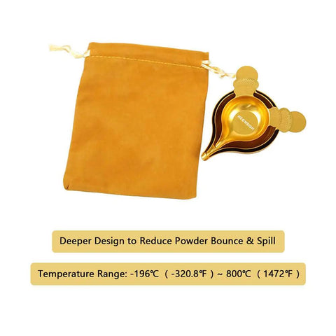 Reloading Powder Pans With Narrow Pour Spout Anti Static Aluminum Scale Tray Non Stick Gold Dish For Precise Measuring And Easy Pouring Pouring For Consistent Powder Drops And Clean Reloads Everyday. Gold aluminum powder pan with spout and pouch