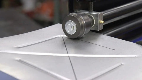 Close-up of Bead Roller with Dies for Metal Fabrication, forming 18 gauge sheet metal with 19 inch throat, industrial rotary forming machine