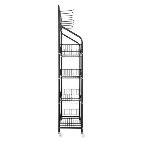 Four Tier Metal Wire Display Rack And Snack Candy Organizer With Ten Hooks Smooth Rolling Wheels And Rock Solid Design For Top Shelf Retail Setup And Hassle Free Sorting In Black