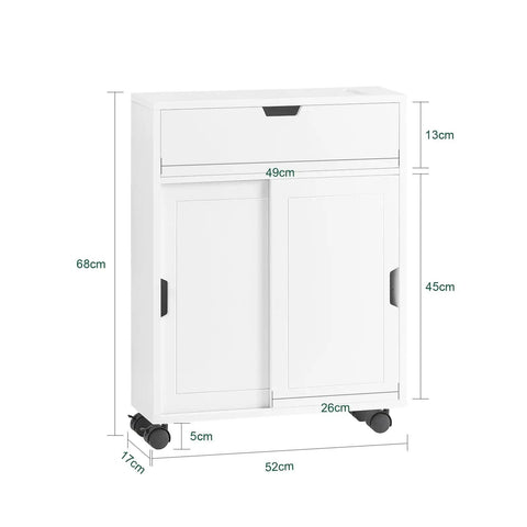 Slim Toilet Storage Cart With Wheels For Narrow Spaces 3 Tier Organizer for tight bathrooms, white finish dimensions shown