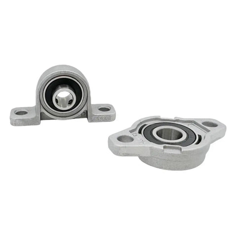 Thinking Process: vertical pillow block bearing, cast iron housing with chrome steel insert, front and angled view