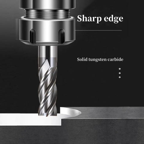 Close-up of Five Piece Half Inch Carbide Square End Mill Set HRC45 TiSiN Coated Four Flute cutting metal.