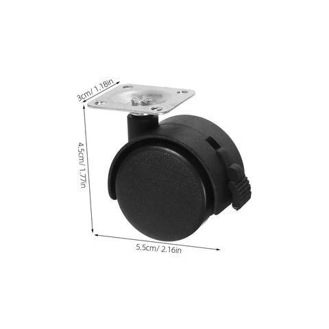 Solid Build Four Piece Black Swivel Furniture Casters With Secure Brakes And Flat Plate Base, side view of a single caster wheel.