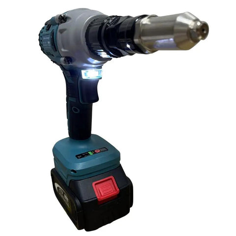 Heavy Duty 21 Volt Brushless Cordless Electric Rivet Gun With Easy Push Trigger Action and Full Shop Ready Kit front view with battery