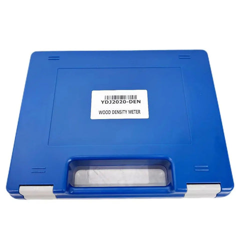 Big League Portable Wood Density Meter Delivering Plus Minus 0.01 G Cm Cubic Precision With No Sweat Calibration And Quick Average Calculation Setup For Lumber Contractors Measuring Heavy Timber On Site in a blue carrying case.